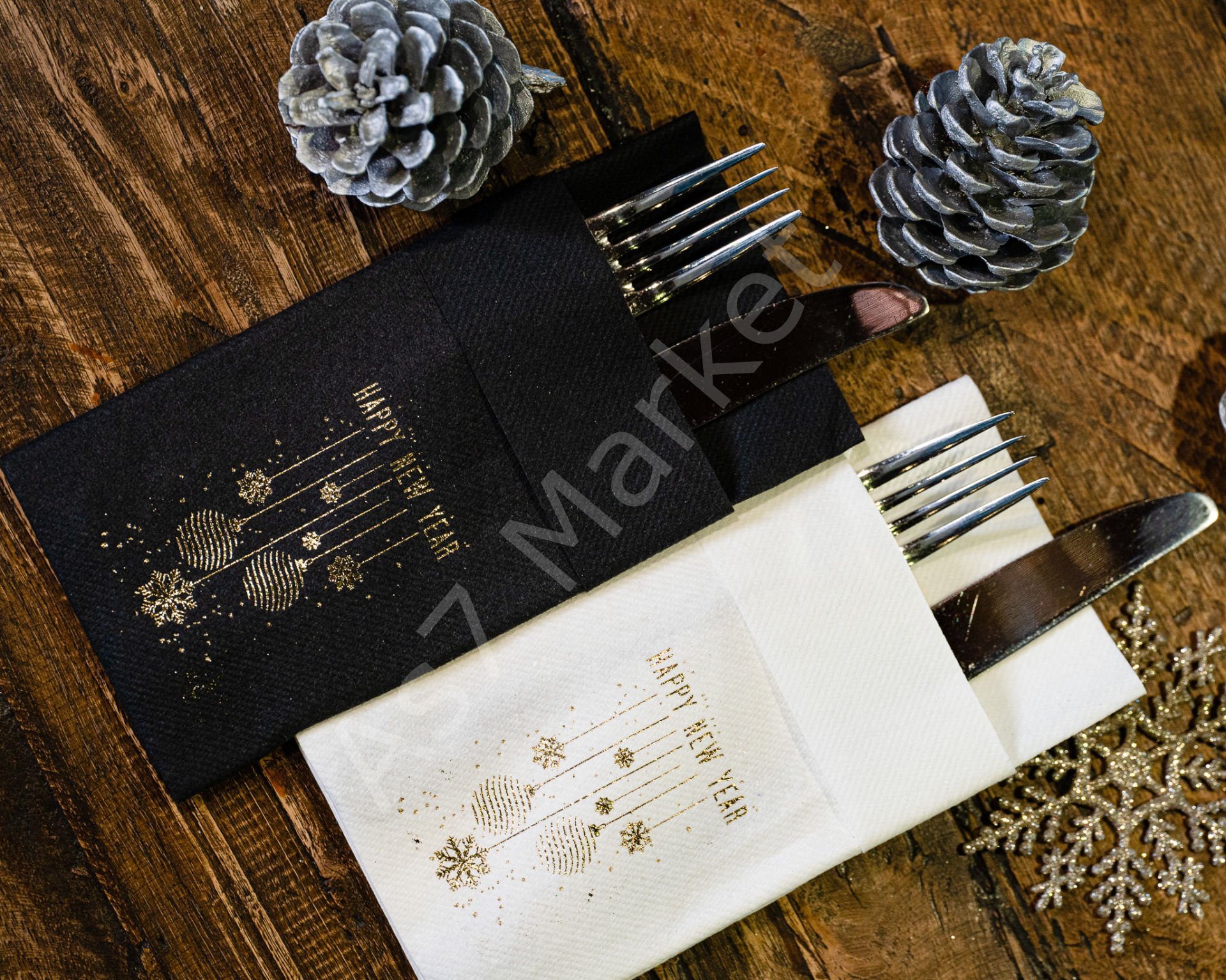 Airlaid Cepli Siyah Happy New Year Baskılı Peçete 20'li Paket